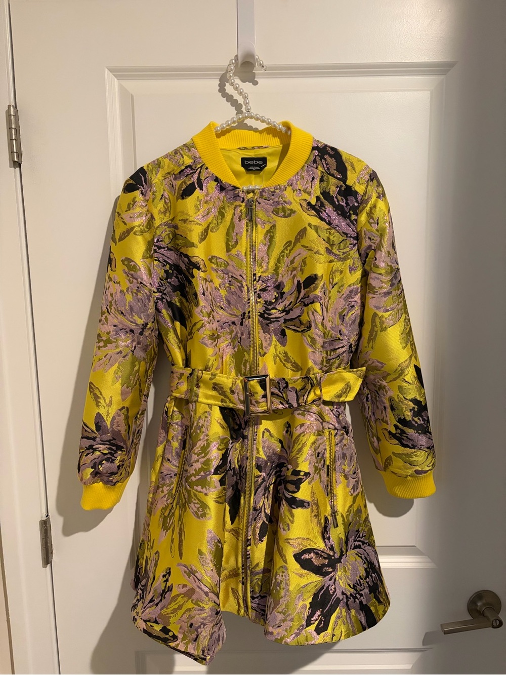 bebe Yellow Floral Belted Bomber Jacket